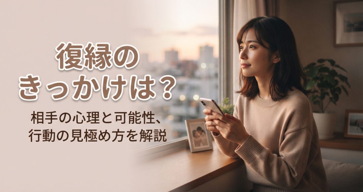 復縁のきっかけは？ 相手の心理と可能性、行動の見極め方を解説 別れた相手との復縁を待ちながら、相手の気持ちや復縁のきっかけについて悩んでいる女性 窓辺でスマートフォンを手にしながら、遠くを見つめている