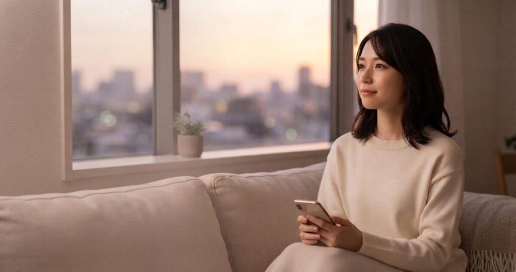 元恋人との復縁を願いながら、連絡を待っている女性
窓辺でスマートフォンを手にしているが、画面を見続けるのではなく、少し遠くを見つめている
