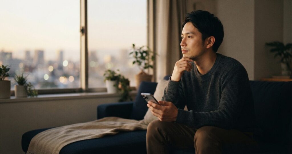 別れた相手のことを思い出しながら、自分の気持ちを整理している男性
自宅の窓辺やカフェで、スマートフォンを手にしながら考え込んでいる