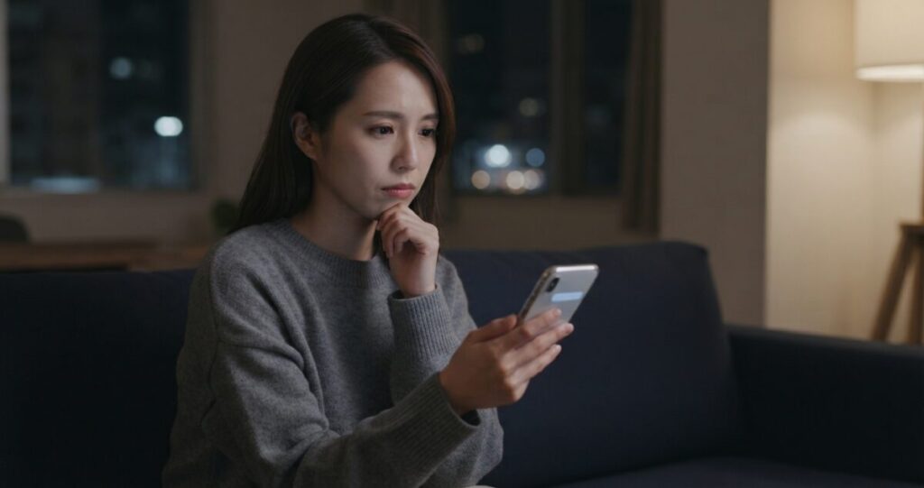 元恋人へ連絡しようか迷い、スマートフォンを手にしたまま思い悩んでいる女性
スマートフォンを手にして、メッセージを送るか迷っている様子