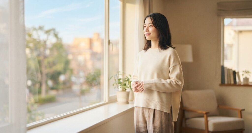 過去の恋を振り返りながら、少しずつ前向きな気持ちを取り戻している女性
窓辺に立ち、穏やかな表情で外を見ている