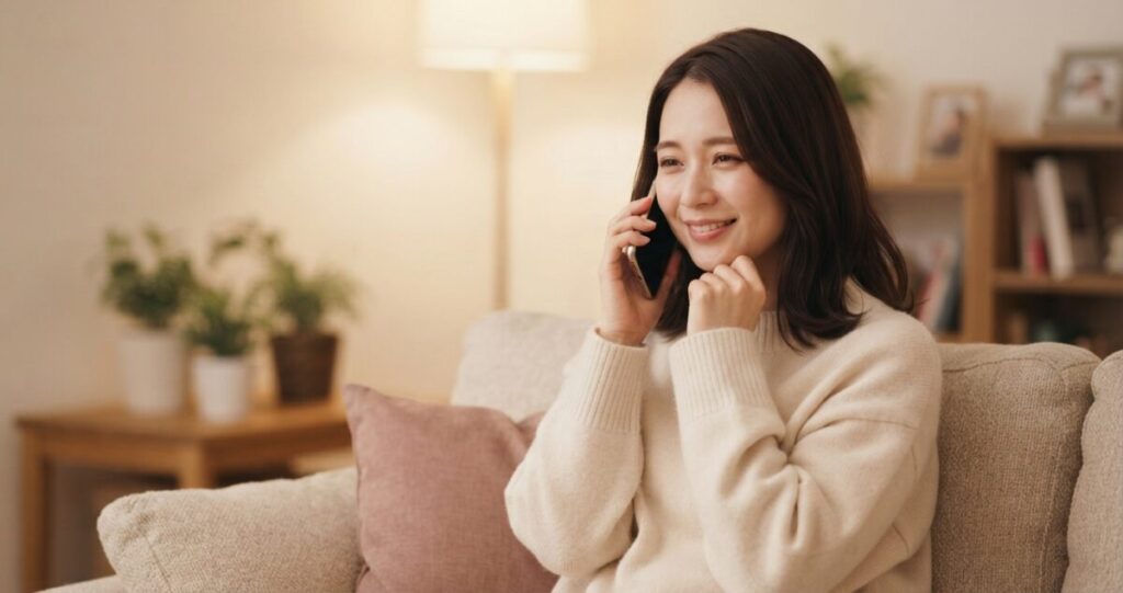 復縁について悩む女性が、安心できる第三者に相談している
落ち着いた場所でスマートフォンを手にし、安心した表情で話している
