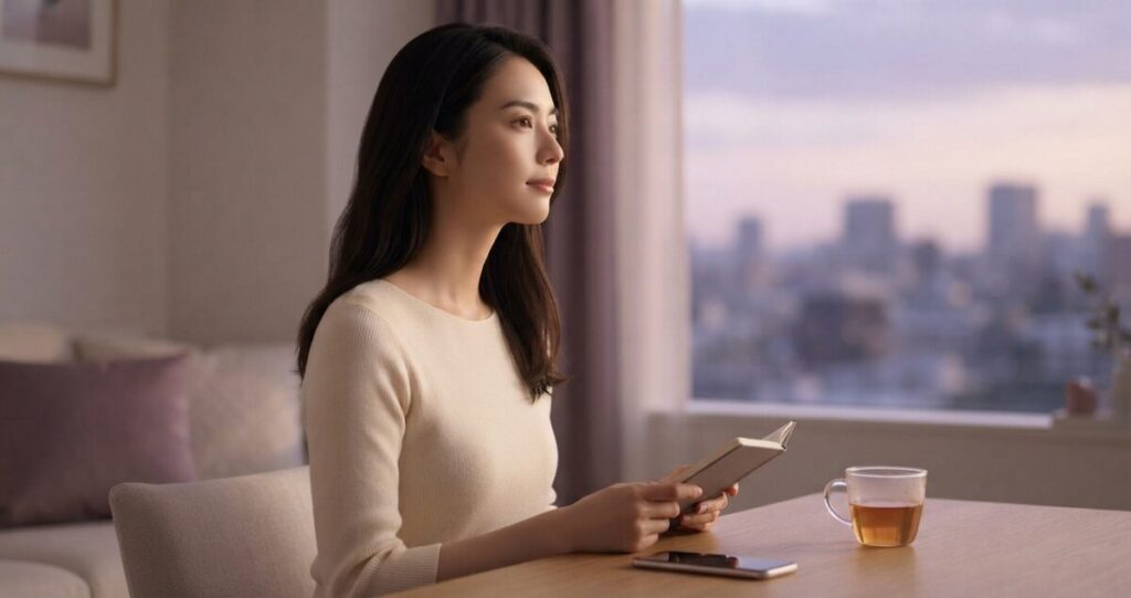 元恋人との復縁を願いながら、自分の気持ちと向き合っている女性
元恋人を思いながら窓の外を穏やかに見つめている。悲しみだけではなく、これから自分の気持ちを整理しようとしている表情