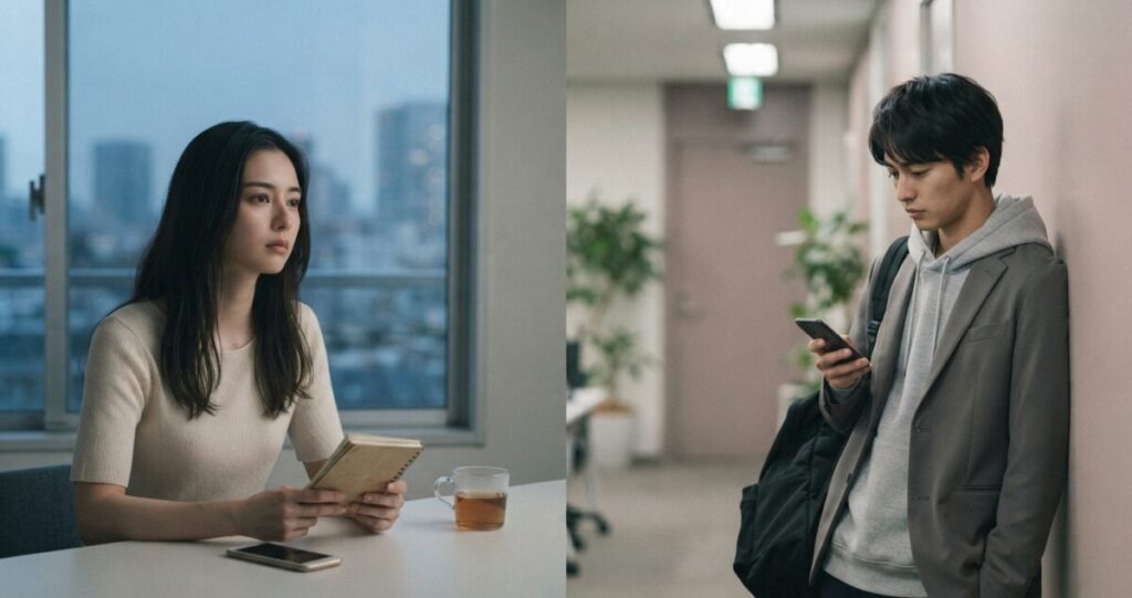 別れた後もお互いに相手のことを考えている男女
それぞれ別の場所で過ごしながら、ふと相手を思い出している