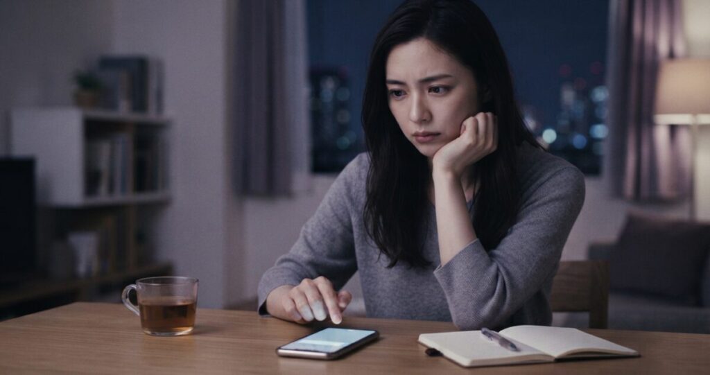 元恋人に連絡しようとして迷っている女性。送信するか迷いながら、一度立ち止まって考えている
スマートフォンを持ちながら画面を見つめ、迷いや不安を感じている