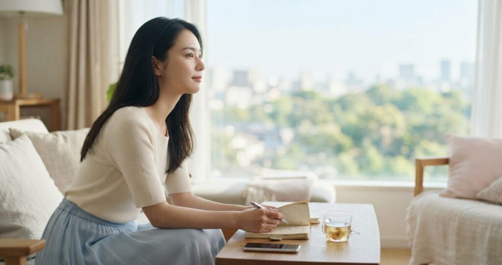 復縁への願いを抱えながらも、自分自身の未来へ少しずつ目を向け始めた女性。過去だけにとらわれず前向きに進もうとしている
朝の光の中で窓の外を穏やかに眺めている。落ち着きがあり、気持ちの整理がつき始めたような表情。