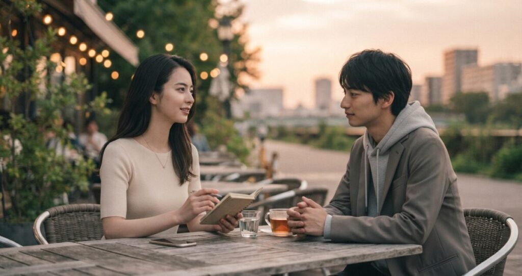 離れていた二人が再び向き合い、関係を見直している
少し距離を保ちながら穏やかに会話している