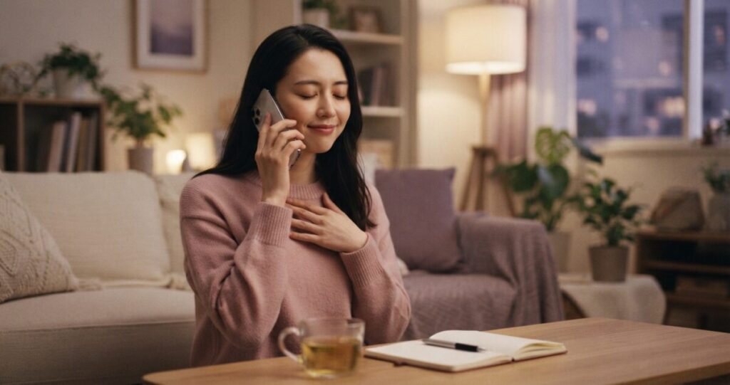 復縁について悩む女性が、落ち着いた雰囲気で電話で相談をしている
スマートフォンを持ち、安心した表情で相談している