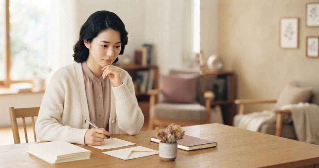 復縁したい気持ちを抱えながら、相手へ手紙を書くか迷っている女性
便箋を前に静かに考えている様子