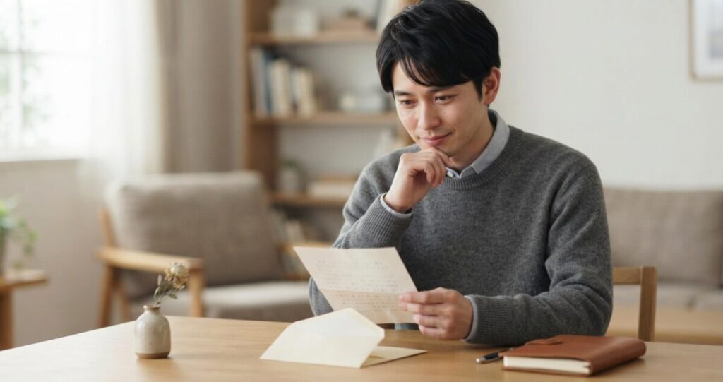元恋人から届いた手紙を読みながら、複雑な気持ちで考えている男性
封筒から便箋を取り出して読み、過去の思い出を振り返っている