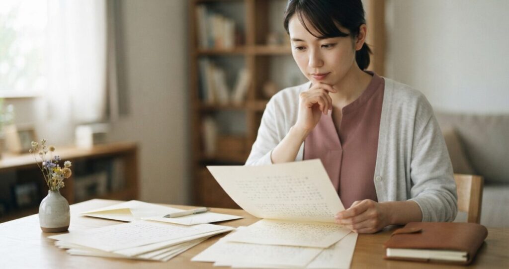 書きかけの長い手紙を前にして、送る前に内容を見直している女性
自宅の机。複数枚の便箋と封筒、ペン
