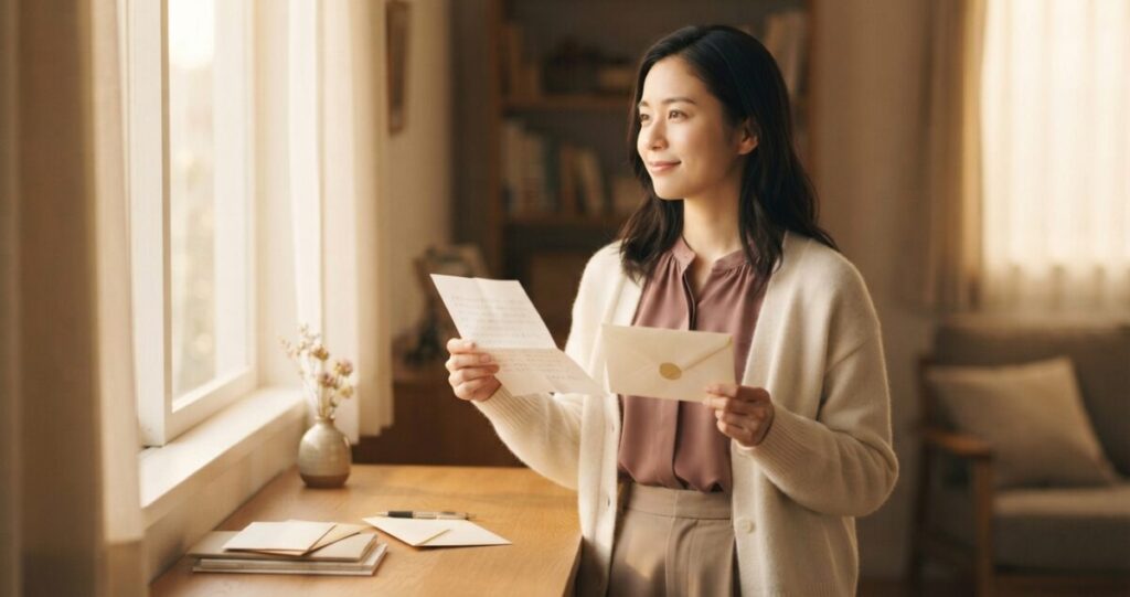 復縁したい気持ちを整理し、前向きな一歩を考えている女性
窓辺で手紙と封筒を手にしながら、穏やかな表情で遠くを見つめている様子