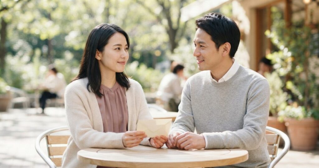 手紙をきっかけに、離れていた二人の関係が少しずつ近づいていくイメージ。
表情は穏やかで、以前の関係を取り戻しつつあるような雰囲気
