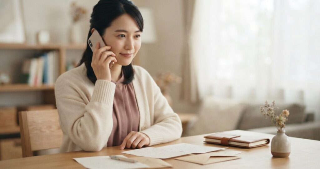復縁について悩んでいる女性が、電話で誰かに相談しながら気持ちを整理している女性
スマートフォンを耳に当て、落ち着いた表情で話を聞いている様子