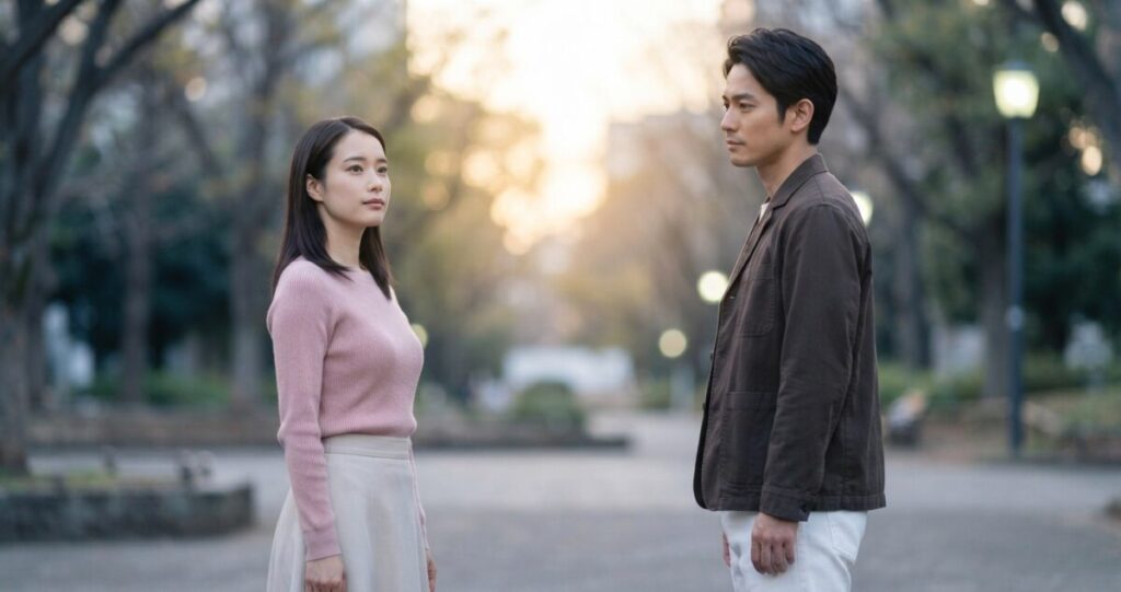 元恋人同士が少し離れて立ち、それぞれ落ち着いた表情で相手を意識している
