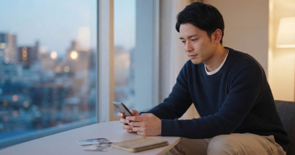 別れた後も元恋人を思い出しながら、自分の気持ちを整理している
ひとりで静かに過ごしながら、スマートフォンや過去の思い出を見つめている