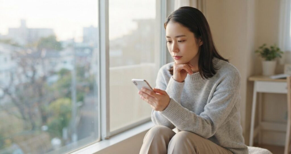 復縁を焦って行動するのではなく、一度立ち止まって相手との距離感を考えるている
スマートフォンを見つめながら一度立ち止まっている様子