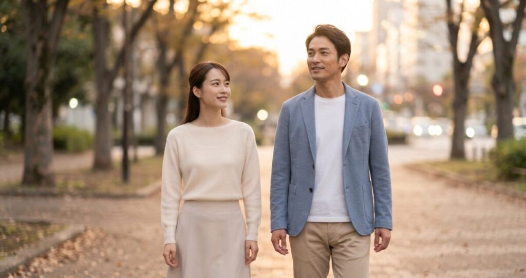 離れていた二人が、それぞれの時間を経て前向きに未来を考えている
並んで歩きながら自然に会話している二人