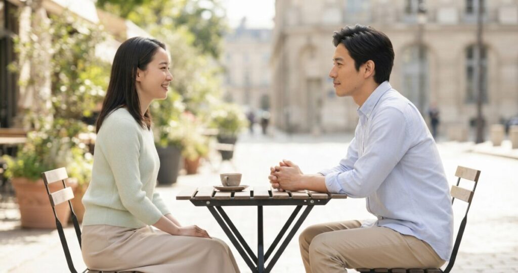 一度離れた二人が、もう一度関係を築ける可能性を考えている
20代〜30代の日本人男女。少し距離を空けて向かい合い、以前より穏やかな表情で自然に会話している。