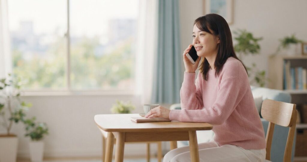 復縁について悩んでいる女性が、電話占いを通じて第三者に相談し、自分の気持ちを整理している
スマートフォンを手にして、落ち着いた表情で相談している