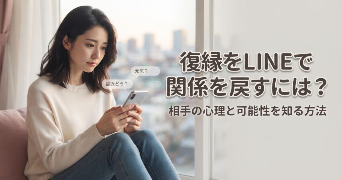 復縁をLINEで関係を戻すには？ 相手の心理と可能性を知る方法 LINEで連絡したいけれど、相手の気持ちや送るタイミングに迷っている女性 スマートフォンを手に持ち、LINEを送るか迷いながら画面を見つめている
