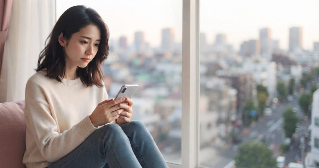 LINEを通じて元恋人との関係を見直し、復縁について考えている女性
スマートフォンを手に持ち、LINE画面を見ながら静かに考えている