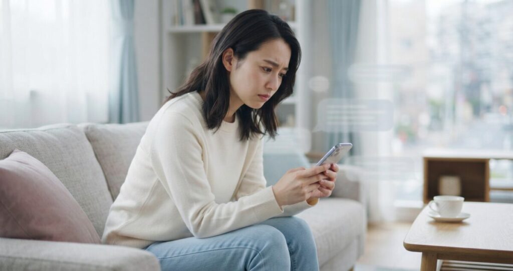 LINEの返信から元恋人の本音を読み取ろうとして悩んでいる女性
スマートフォンを両手で持ち、LINEの画面を見ながら少し困ったような表情