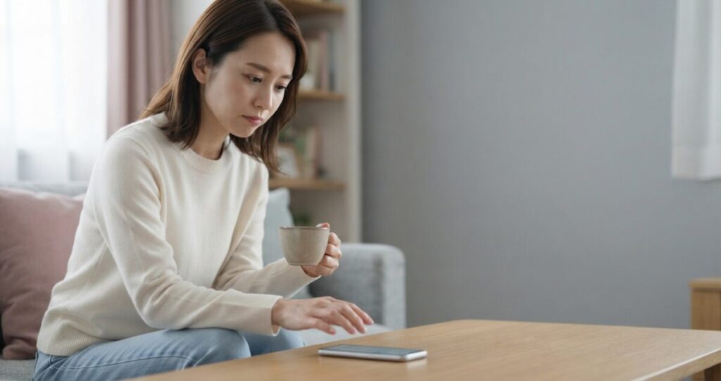 LINEを送りたい気持ちを抑えながら、相手との距離を考えている女性
スマートフォンを手にしながら、送信するか迷っている