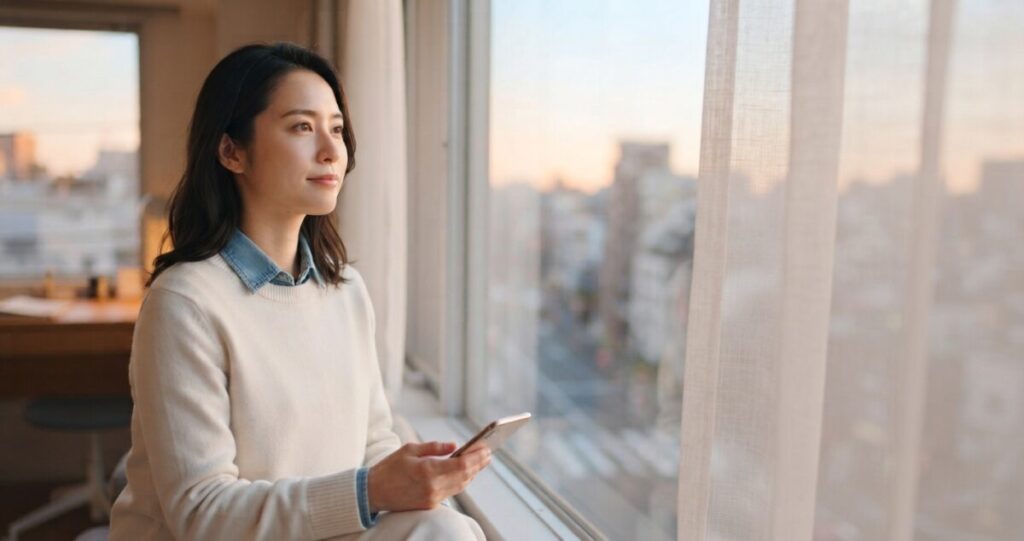 元恋人との関係を振り返りながら、焦らず次の一歩を考えている女性
スマートフォンを手にしながら窓の外を眺め、穏やかな表情でこれからのことを考えている