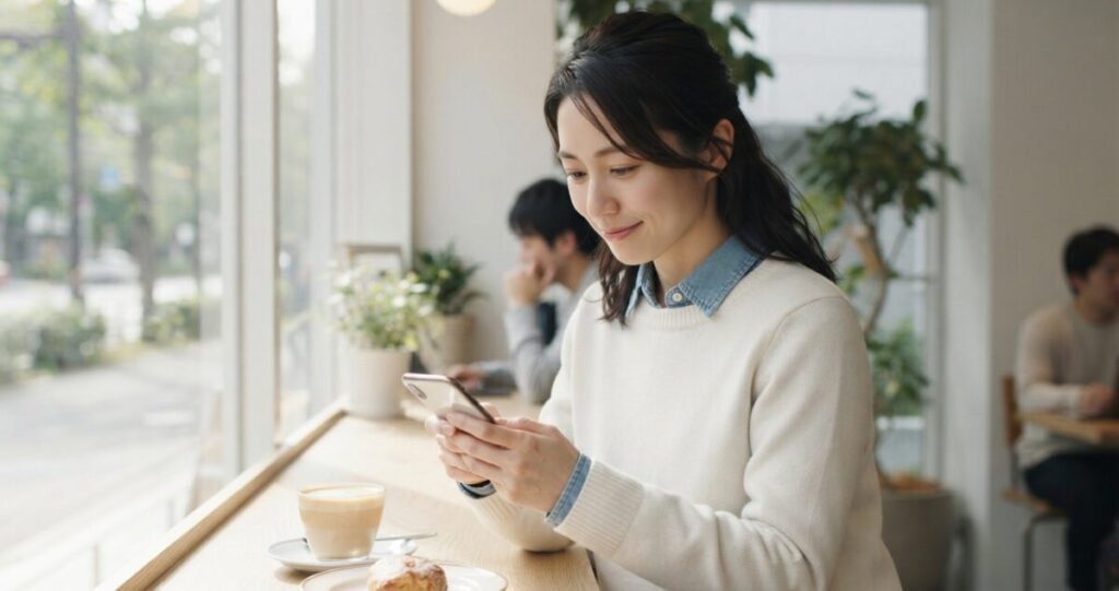 元恋人とのLINEが少しずつ自然なやり取りに戻り、関係を見直している
スマートフォンを見ながら、ほんの少し安心した表情を浮かべている