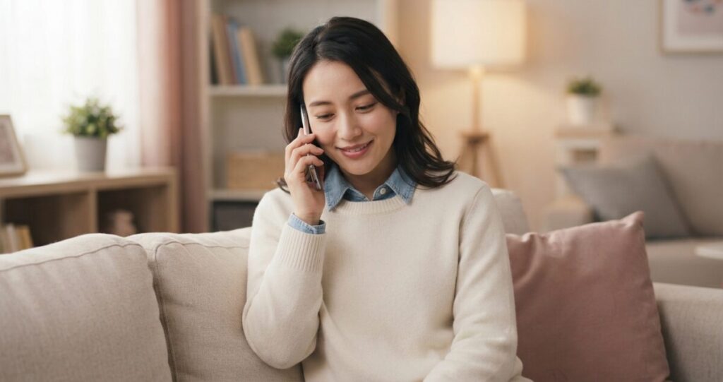 復縁について一人で抱え込まず、第三者に相談して気持ちを整理したいと思っている女性
スマートフォンで相談している様子。表情は安心感があり、悩みを話すことで少し気持ちが軽くなったような自然な表情