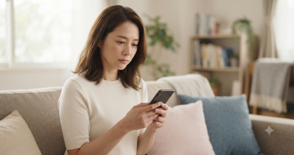 音信不通の元恋人からの連絡を待ちながら、復縁について悩んでいる女性。
・スマートフォンを見ながら少し寂しそうに考え込んでいる
