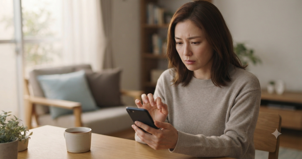 返事のないスマートフォンを前に、何度も連絡しようとして迷っている女性。
・少し緊張した様子
・感情的になっているのではなく、踏みとどまろうとしている雰囲気
