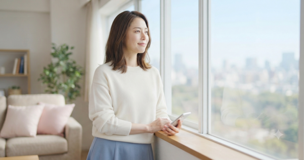 過去の恋愛を振り返りながら、これからのことを前向きに考えている女性。
・窓辺で穏やかな表情をしている
・不安が少し落ち着き、前を向こうとしている雰囲気
・自然な笑顔に近い穏やかな表情
