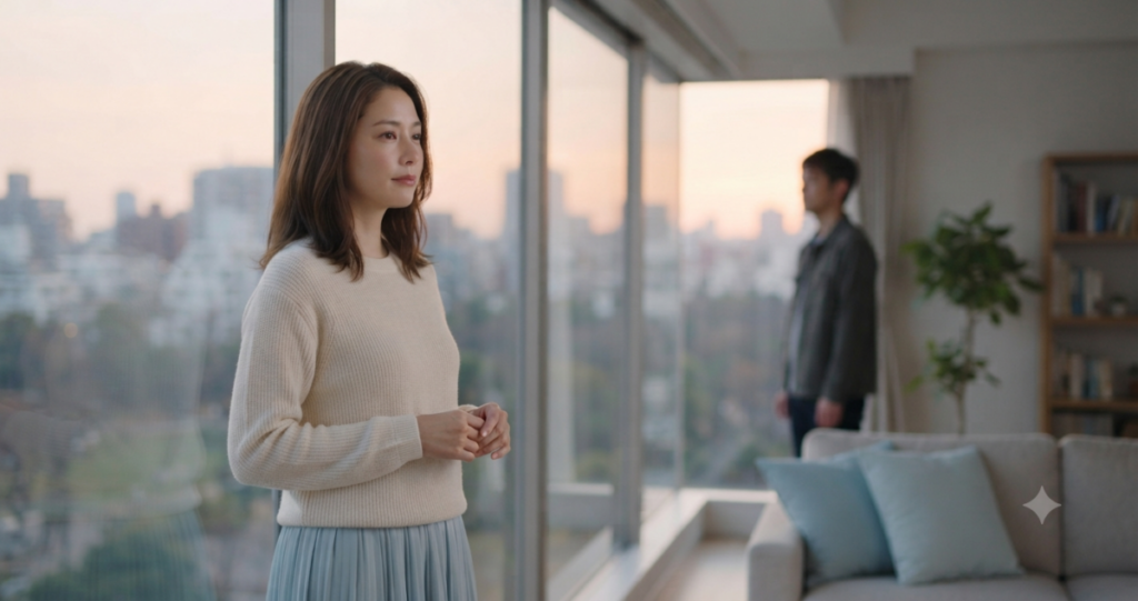 離れてしまった二人の関係と、もう一度つながる可能性を感じさせる静かな恋愛シーン。
過去を振り返りながら今後を考えている女性