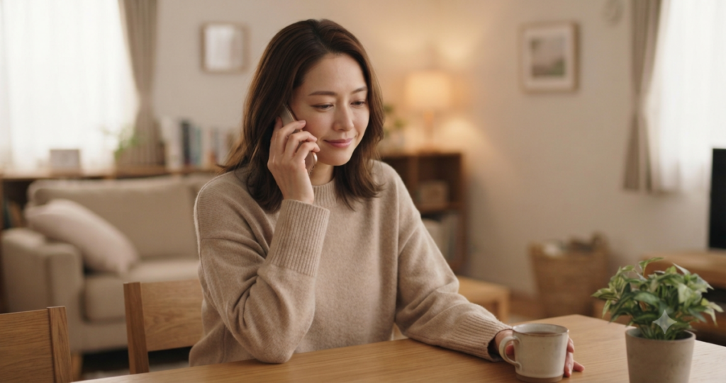 復縁の悩みを電話で相談し、少しずつ気持ちを整理している女性。
・スマートフォンで電話をしている
・落ち着いた表情で話を聞いている
・相談することで少し安心したような自然な表情
