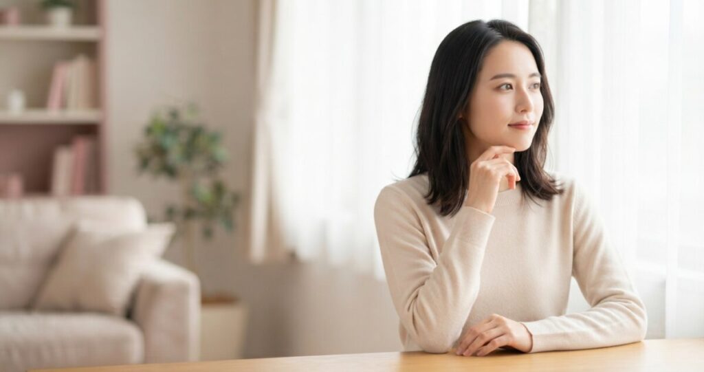 恋愛中に相手の気持ちが分からず、不安や迷いを抱えている女性
窓辺で静かに考え事をしている