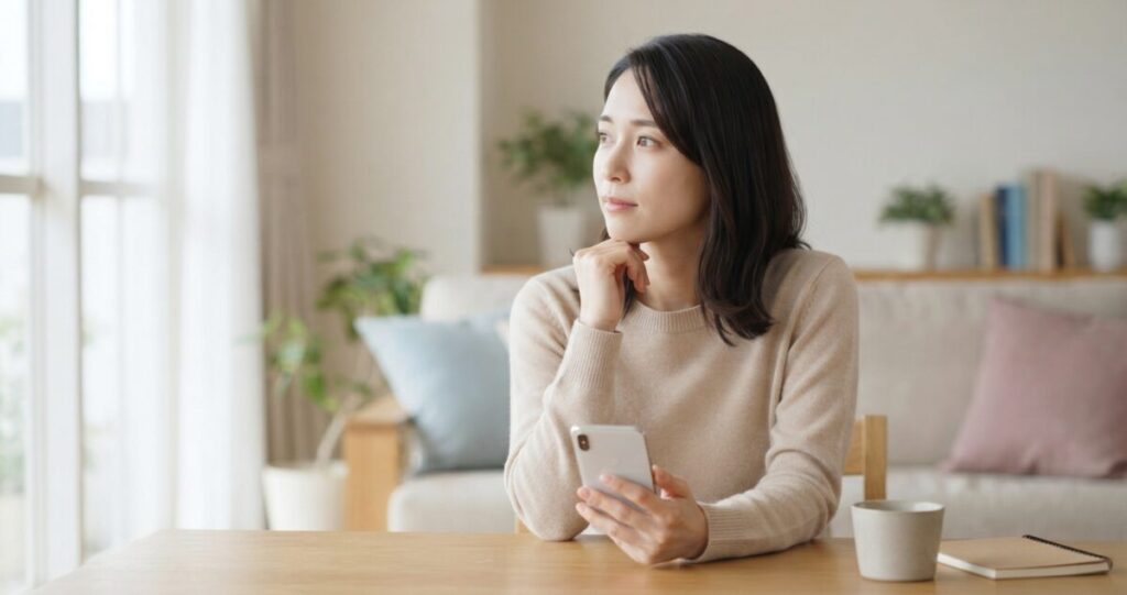 好きな人の気持ちが分からず、相手との関係について考えている女性
スマートフォンを手にしているが、画面を凝視するのではなく、少し視線を遠くに向けて考えている