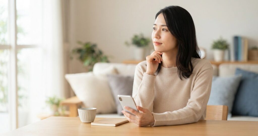 恋愛の不安から焦って行動しそうになりながらも、一度スマートフォンから離れて気持ちを落ち着けようとしている女性
スマートフォンを手にしているものの、連絡を送ることを一度やめて考えている様子
