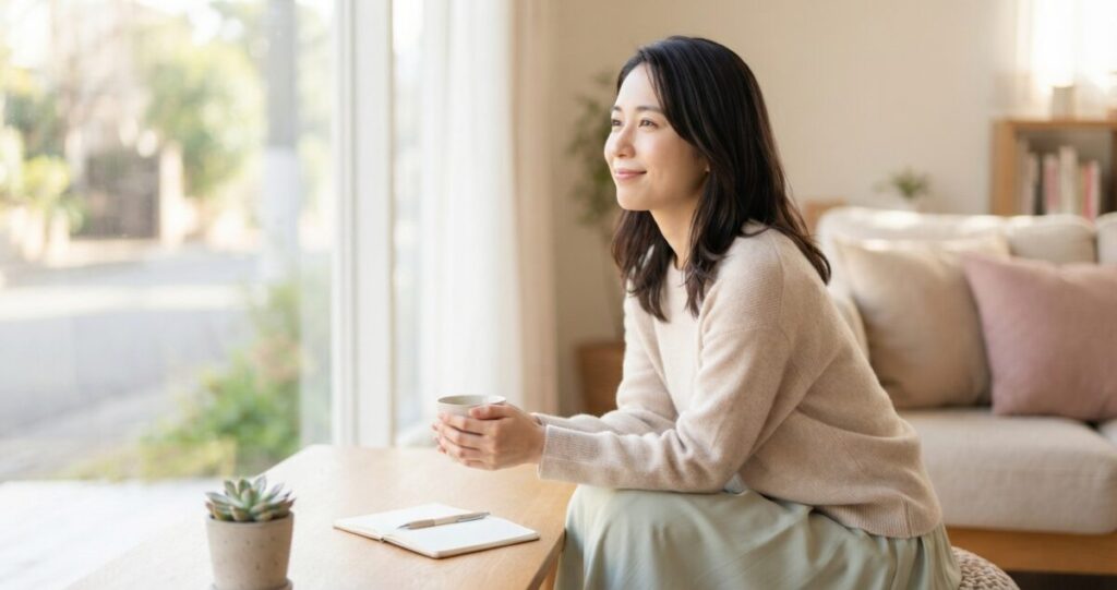 恋愛の不安を乗り越え、少し気持ちが軽くなった女性が穏やかな時間を過ごしている
