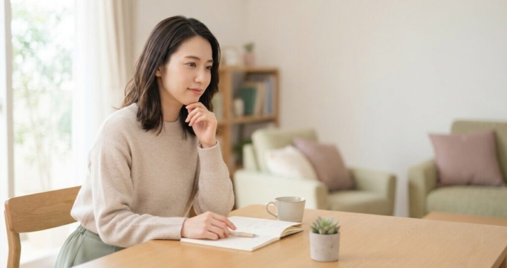 恋愛中の女性が相手との関係を客観的に見つめ、気持ちや状況を整理している
