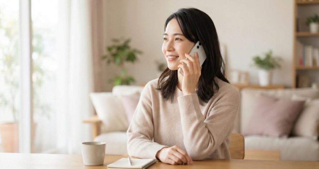 恋愛の悩みを電話占いで相談し、抱えていた不安や迷いを少しずつ整理している女性
スマートフォンを耳に当て、安心したような穏やかな表情で話している