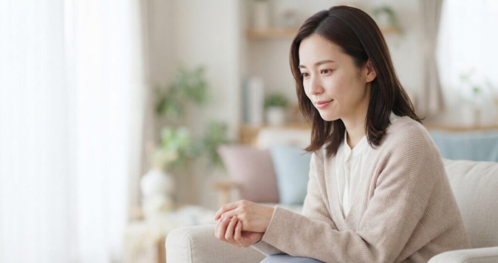 恋愛に自信がなく、不安や迷いを抱えている女性が、自分を責める気持ちから少しずつ解放されていくイメージ。
少し不安そうでありながら、落ち着きを取り戻しつつある穏やかな表情