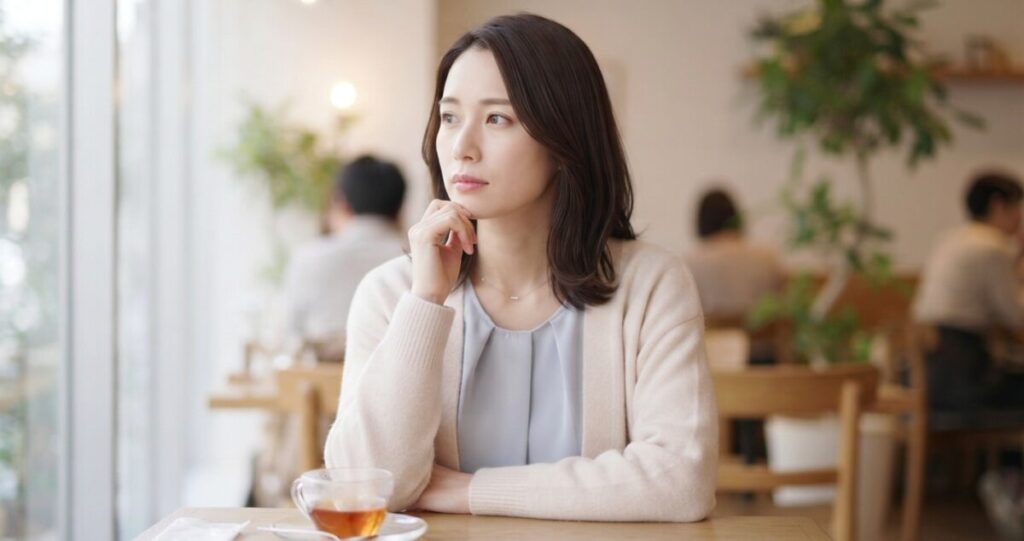 好きな人を前にして、どう接すればよいのか迷っている女性
好きな人を意識しながら少し緊張している自然な表情