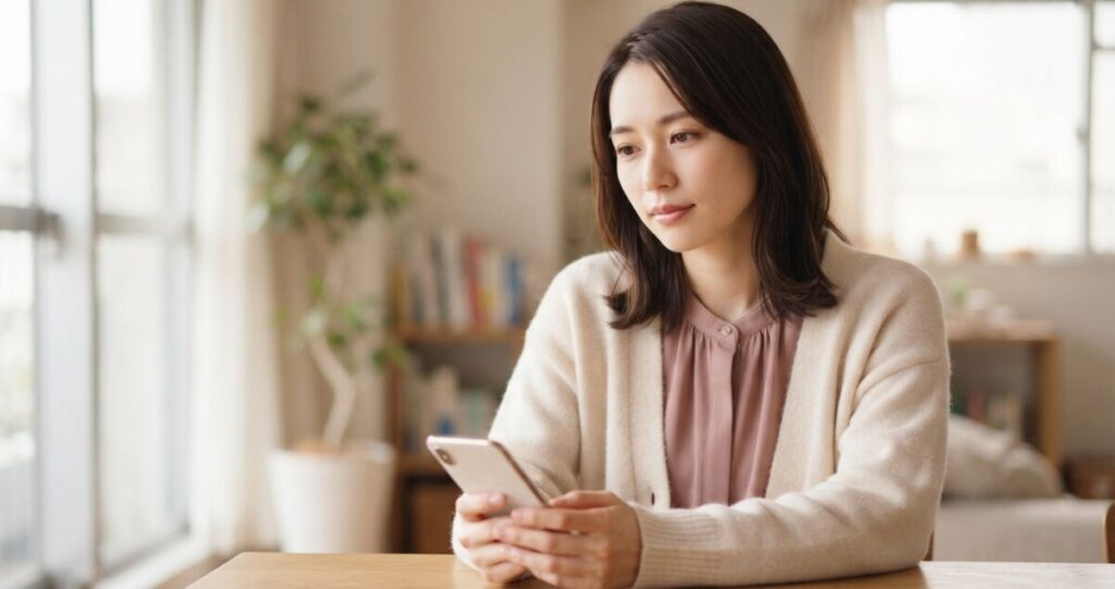 好きな人に好かれたい気持ちから無理をしてしまいそうになりながらも、自分らしさを取り戻そうとしている女性。
スマートフォンを持ちながら考え込んでいる様子。無理に明るく振る舞うのではなく、自分自身と向き合っている穏やかな表情。