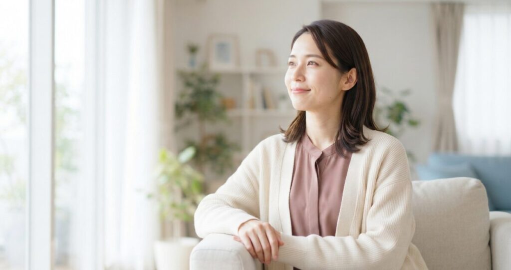 恋愛への不安を抱えながらも、自分自身を受け入れ、穏やかな気持ちで前を向こうとしている女性。
自然な笑顔に近い穏やかな表情で少し前向きな気持ちになっている