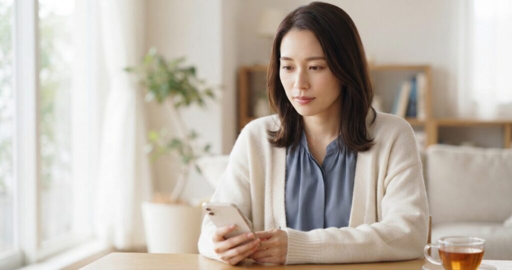恋愛への不安から自分の行動や相手の反応を気にしてしまい、自分の気持ちを見つめ直そうとしている女性。
スマートフォンを手にしながら少し考え込んで自分の気持ちを整理しようとしている